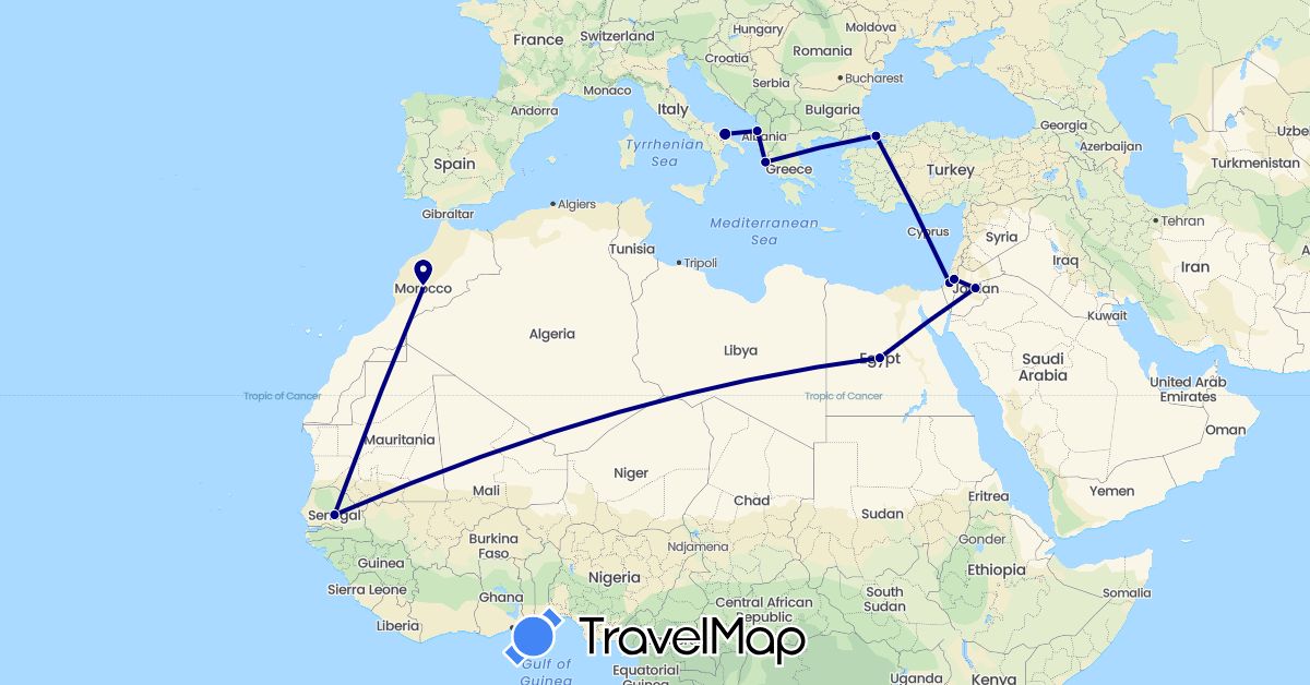TravelMap itinerary: driving in Albania, Egypt, Greece, Israel, Italy, Jordan, Morocco, Senegal, Turkey (Africa, Asia, Europe)